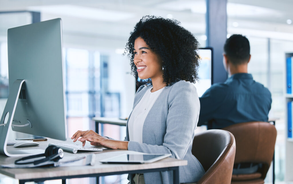 Contact center, communication and happy female agent with feedback and help.