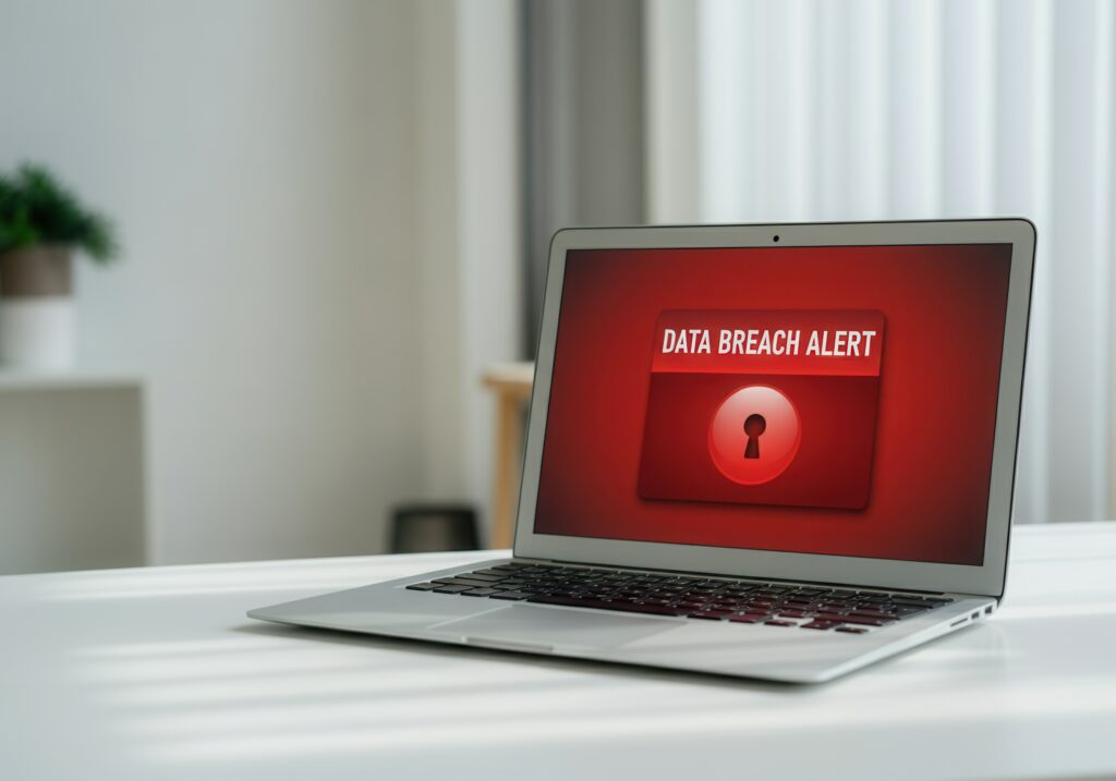 Data breach alert displayed on a laptop screen, highlighting security vulnerability and potential cyber threats