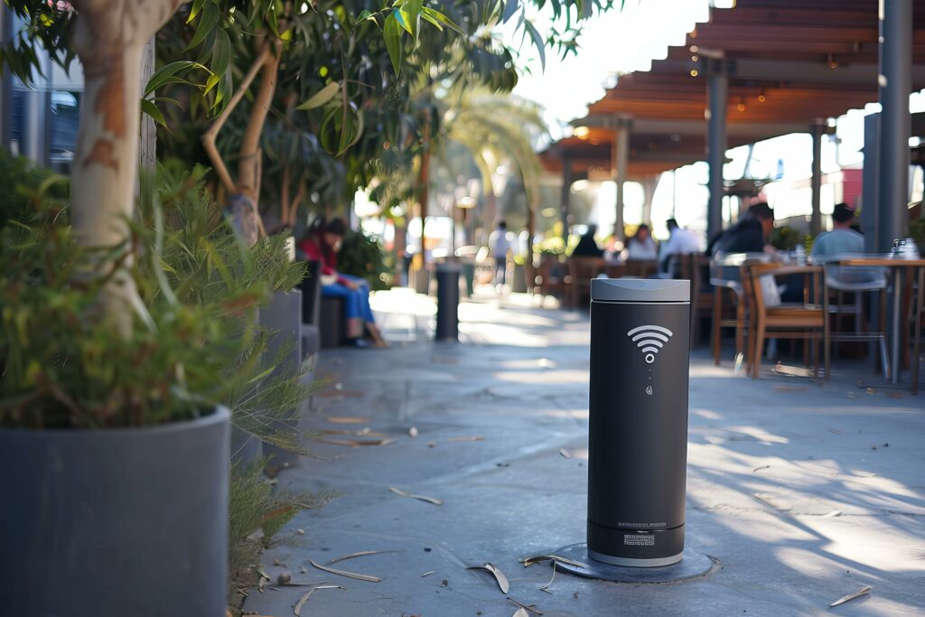 Public free wifi hotspot providing internet access to people in a city park with restaurants and cafes